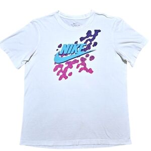 Nike Mens White Graphic T-Shirt M 80s Style Blue Pink Swoosh Tee 100% Cotton